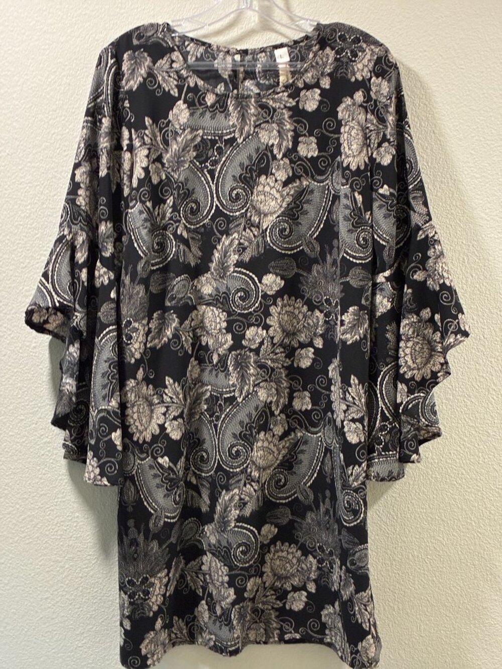 UNCLE FRANK Paisley Bell Sleeve Shift Dress Black/White Women L